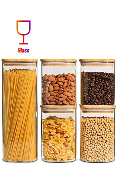 Generic Set of 5-Borosilicate Square Storage Jar With Bamboo Lid, 1Pcs 1800ML...
