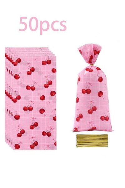 Generic 50 Pack Cherry Bow Cellophane Bags Red Pink Bow Cherry Clear Candy Tr...