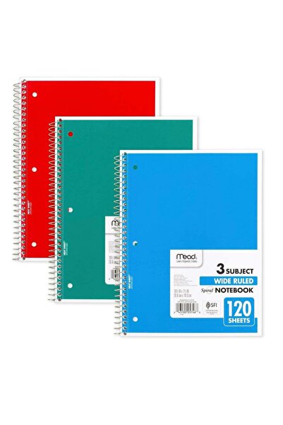 Generic Mead Spiral Notebook, Wide Ruled, 3 Subject, 120 Sheets White paper, ...