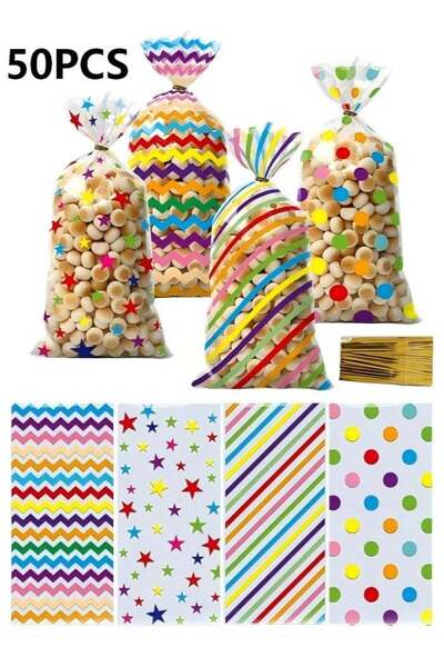 Generic 50 Pcs Colorful Cellophane Treat Bags, Five-pointed Star Stripes Prin...
