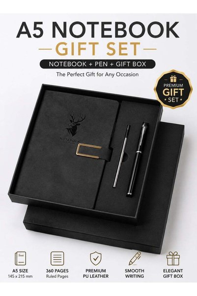 Generic Premium A5 Notebook Gift Set with Pen and Gift Box, Black Faux Leathe...