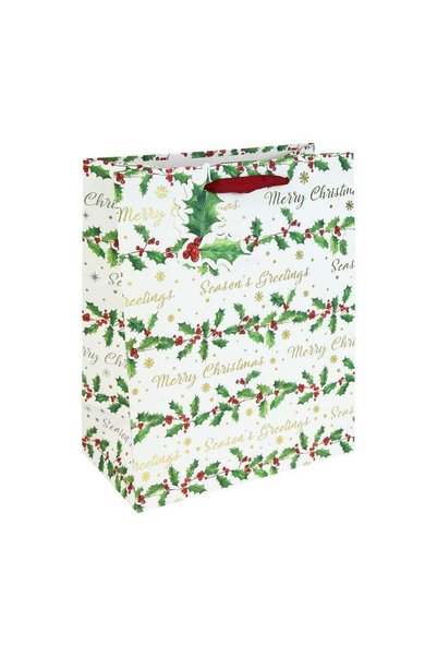 Generic Eurowrap Holly Text White Kraft Bag – Christmas and Holiday Gift Bag,...