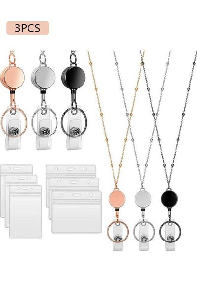 Generic 3 Pcs Badge Lanyard with 6 Pcs ID Badge Holder Retractable Stainless ...