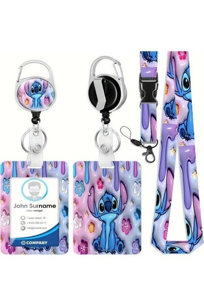Generic Three-in-one Disney blue flower Stitch logo plastic ID holder with la...
