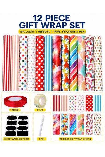Generic 12-Pack Gift Wrap Set 12 Designs (50x70 cm) with 10m Red Ribbon, Tape...