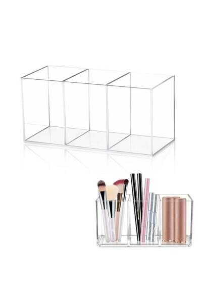 Generic Acrylic Pen Holder with 3 Compartments, Clear Makeup Brush Storage Bo...