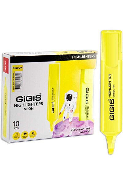 Generic GiGiS Long Flat Neon Highlighters with Chisel Tip, Yellow - 10 Pieces