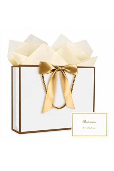 Generic 2 Pcs Medium Gold‑White Gift Bags with Ribbon, Greeting Cards & Tissu...