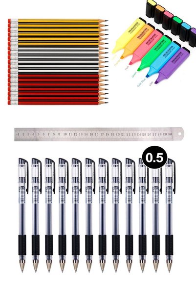 Generic Writing & Highlighting Stationery Set – 24 Graphite Pencils, 12 Gel I...