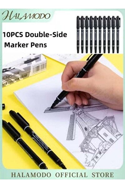 Generic 10PCS Double-headed Marker Pens Black Felt Tip Pens Dual Tip Brush Pe...