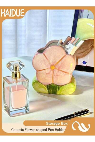 Generic Ceramic Flower-shaped Pen Holder & Storage Box | Pink Tulip Design fo...