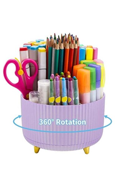 Generic 1-Pc 360-Degree Rotating Desk Organizer - 5 Compartments Purple Pen P...