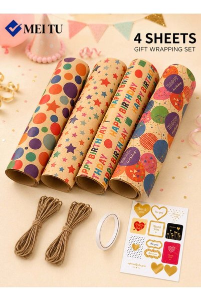 Generic 4-Sheet Birthday Gift Wrapping Paper Set with Twine, Tape and Sticker...