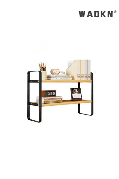 Generic Double layer yellow pear wood+black frame Storage Rack Wooden Desk Ra...