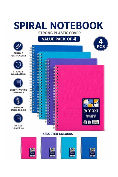 Generic 4-Piece A5 Size Spiral Notebook With Strong Plastic Cover Assorted Co...