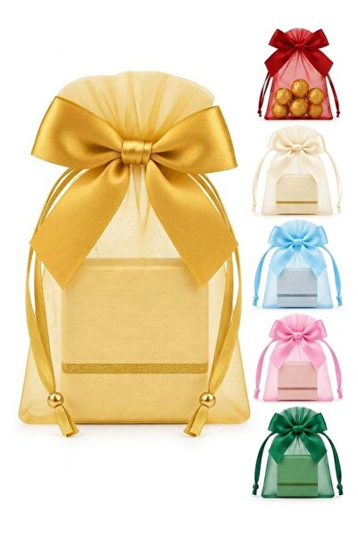 Generic 25pcs Gold Organza Gift Bags with Bow 10×15cm – Drawstring Pouches wi...