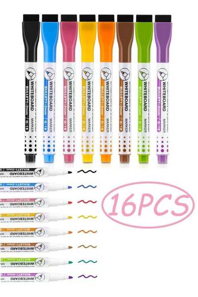Generic Set of 16 Pcs Magnetic Fine Tip Dry Wipe Whiteboard Pens Low Odour Er...