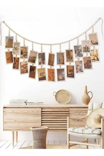 Generic Hanging Photo Display,Wooden Bead Garland With 18 Clips,Boho Style Co...