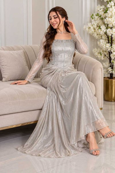 rafeef dress فستان سهره فضي فاخر