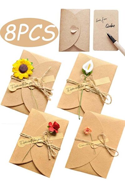 Generic 8 Pcs Handmade Kraft Paper Flower Embellished Thank You Cards with En...