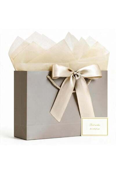 Generic 2 Pcs Medium Champagne Gift Bags with Ribbon, Greeting Cards & Tissue...