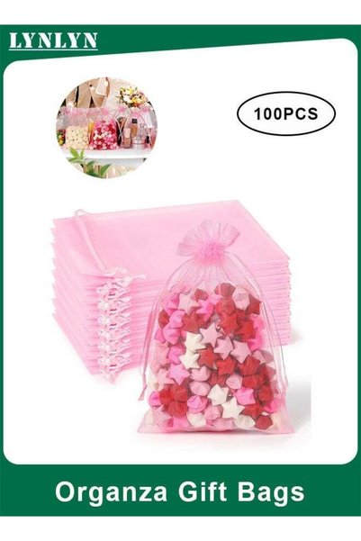 Generic 100PCS Pink Organza Gift Bags with Satin Drawstring, Sheer Mesh Jewel...