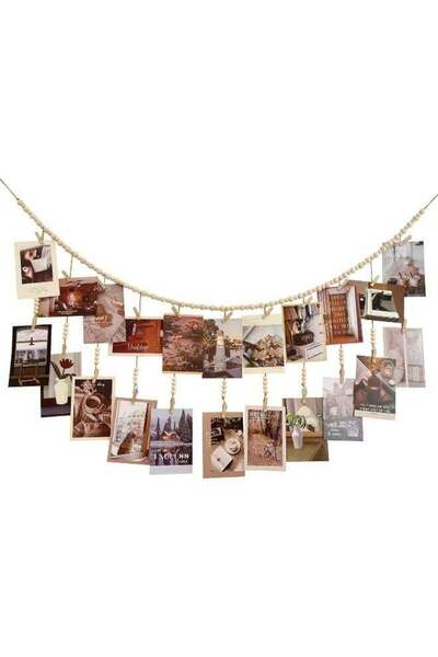 Generic Hanging Photo Display with 18 Clips, Wooden Bead Garland, Boho Style ...