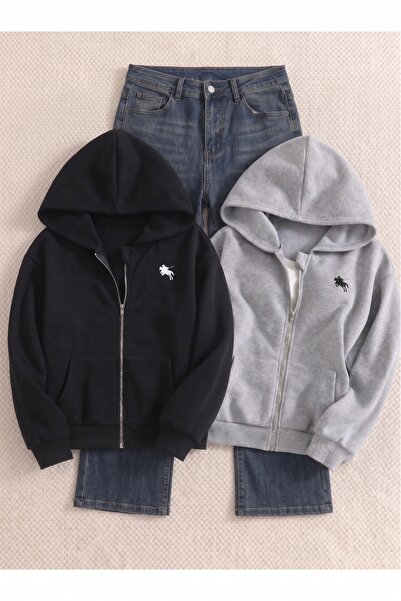 modaberry 2'Li Siyah Gri Atlı Adam Sweatshirt Fermuarlı Hırka - Baskılı Overs...