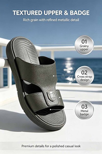 Al Masheel Store Men's Textured Leather Slide Sandals – Cross Strap with Meta...