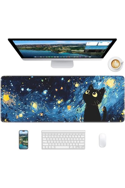Generic Starry Night Cat Mouse Pad, 31.5 x 11.8 Large Desk Mat with Stitched ...