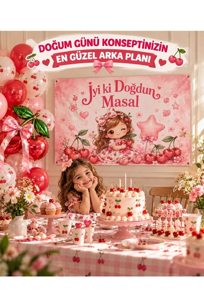 Kişiye Özel Kiraz Temalı Doğum Günü Brandası İsimli İyi Ki Doğdun Afiş Arka Fon Parti Süsü İyiki Doğdun | Çocuk Parti Süsleme Dekoru Doğum Günü Parti Seti Süsü