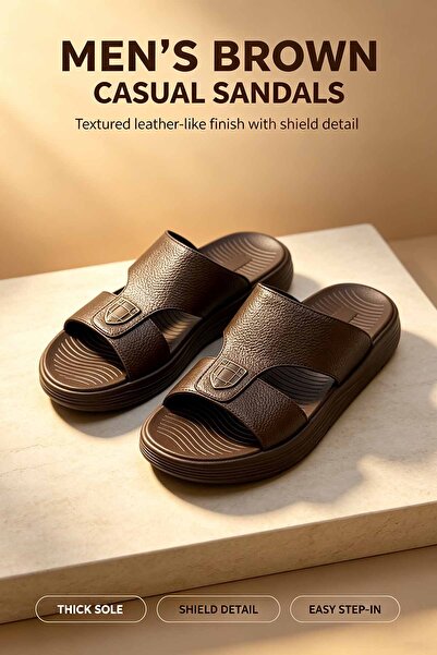 Al Masheel Store Men's Textured Leather Slide Sandals – Cross Strap with Meta...