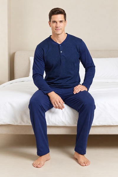 CottonVia Men's Pajama Set, Openend Single Jersey Cotton, Jacquard, Long Slee...