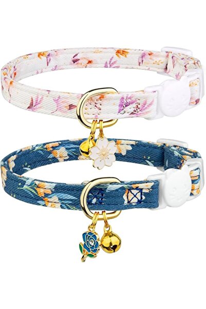 TERRIFI 2 Pack Cotton Breakaway Cat Collar White and Blue Flowers Pendant Cut...