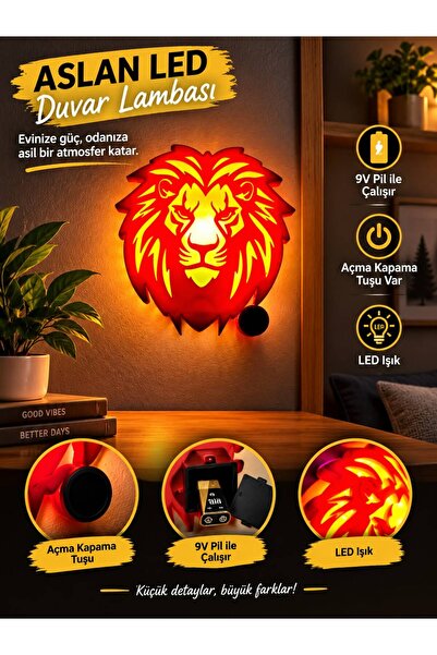 Aslan LED Duvar Lambası | 3D Dekoratif 9V Pilli Aydınlatma