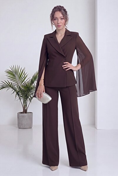 zks grup tekstil Women's Double-Breasted Jacket with Chiffon Sleeve Detail an...