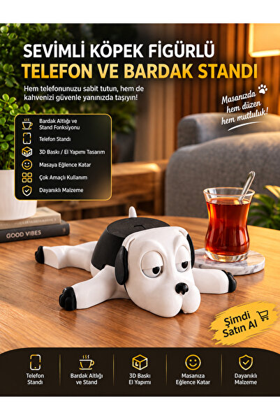 Sevimli Köpek Figürlü Telefon ve Bardak Standı | 3D Baskı Dekoratif Telefon Tutucu Kupa Standı
