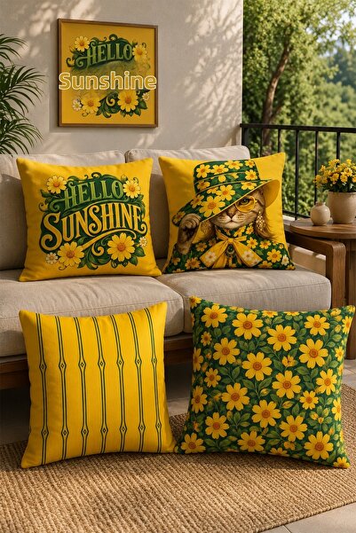 EVPANYA Yellow Daisy Cat Patterned 4-Piece Throw Pillow Cover Set