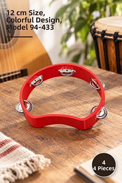 Yenilig 4 pieces of wooden colored tambourine - 12 cm size, colorful design a...