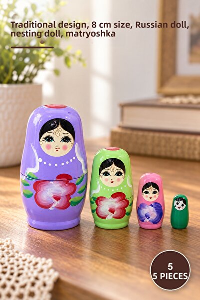 Yenilig 5 Pieces Wooden Matryoshka – Traditional Design, 8 cm Length, Russian...