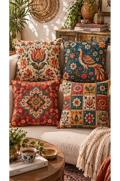 Nari Collections Anadolu Rüyası 4-Piece Throw Pillow Cover Set – 43X43 cm Dou...