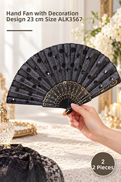 Yenilig 2 Pieces of Plastic Sequin Fan – Hand Fan Decorated Design 23 cm Size...