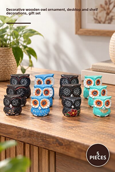 Yenilig 5-Piece Wooden Owl Figure Set – Decorative Wooden Design, Desktop and...