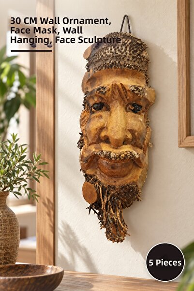 Yenilig 5 Pieces of Wooden Wall Hanging Face Figures – 30 cm Wall Decoration,...