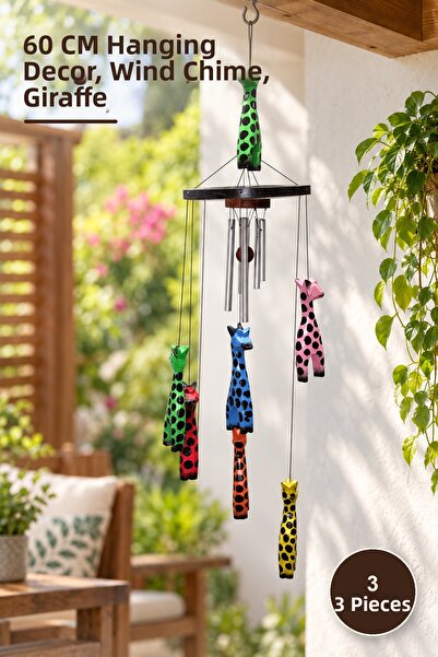 Yenilig 3 Pieces Wooden Giraffe Wind Chime – 60 cm Hanging Decoration, Wind O...