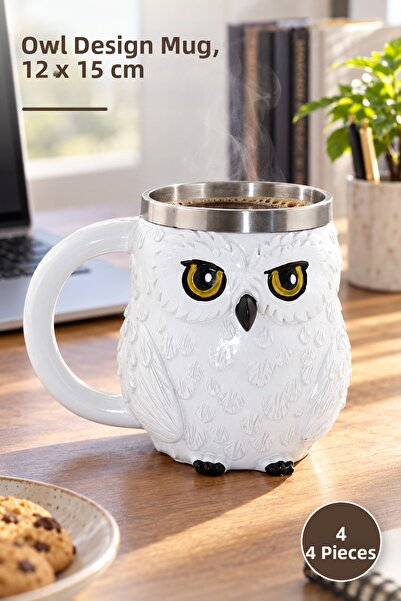 Yenilig 4 Pieces Stainless Steel Owl Mug – Mug, Owl Patterned Design, 12 X 15 cm