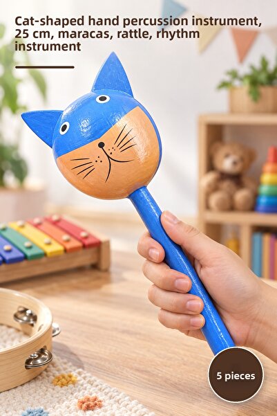 Yenilig 5 Pieces Wooden Maracas – Hand Instrument with Cat Design, 25 cm Leng...