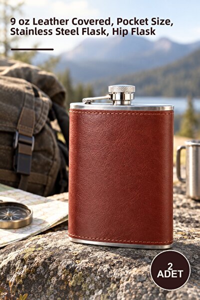 Yenilig 2 Stainless Steel Flasks – 9 oz Leather Covered, Pocket Type Use, Sta...