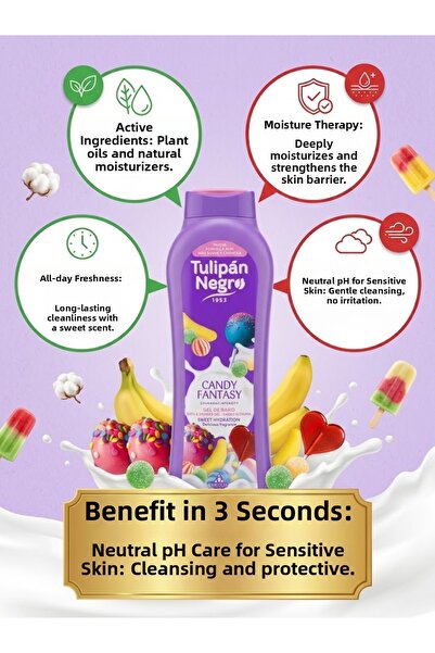 Tulipán Negro Candy Fantasy Bath and Shower Gel Advantage Pack (650 ml X 2 Pcs) Bring the Carnival Joy and Cotton Candy Sweetness to Your Shower for Skin Barrier Protection and Deep Hydration