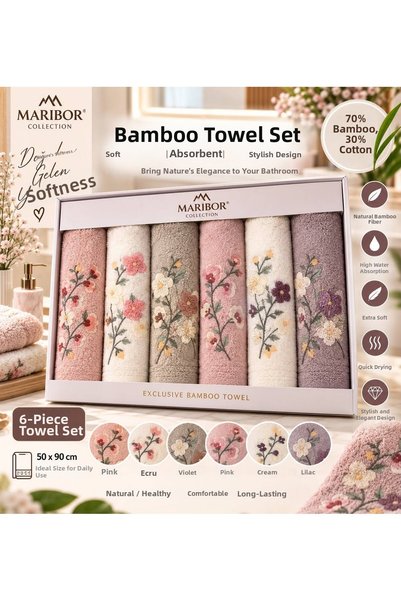 BOZBEYLER Bamboo Bathroom Kitchen 70% Bamboo / 30% Cotton 3D Embroidered Hand Towels - Set of 6 50X90